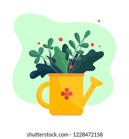 Garden plants and flowers in yellow watering can. Outdoor gardening bouquet. Modern abstract simple flat art style. Vector illustration isolated on white. 