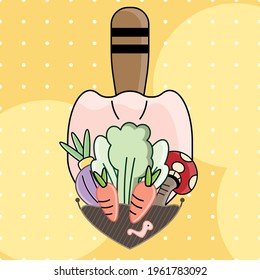 Garden plants, logo. flat design nature and agriculture concept. Shovel spoons digging soil and vegetable. Agribusiness and gardening services. stroke,  filled line. Vector, illustration