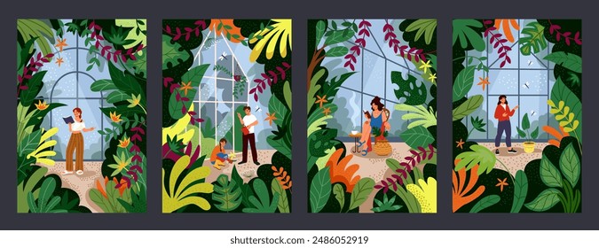 Garden plants. People in greenhouse. Conservatory green nature. Farm plantation. Cultivated flowers. Glasshouse agriculture. Tree leaves. Gardeners relax in orangery. Vector tidy home gardening set