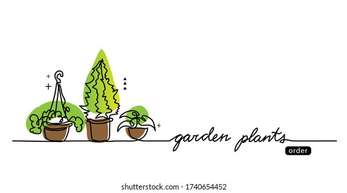 Garden plants in the pots vector sketch, web banner, illustration, background. One continuous line drawing banner with green garden plants.