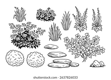 Garden Plants Vector Illustration Assortment of Bushes and Stones Outline Drawing Isolated