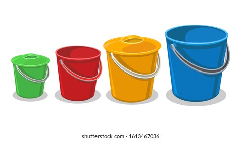 Garden plastic buckets. Colored plastic bucket with handle vector images, cartoon vector water pails isolated on white background