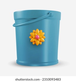 Garden plastic or iron  blue bucket with yellow flower isolated on white background. 3d cartoon design element in minimal style. Vector icon or illustration.