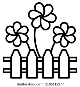 A garden plot decorated with flowers. A flowerbed with flowers behind the fence. Gardening, agronomy. Vector icon, outline, isolated. Editable stroke