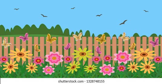 Garden plot with flowers. On the background of nature. Vector.