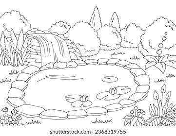 Garden pond graphic black white landscape sketch illustration vector