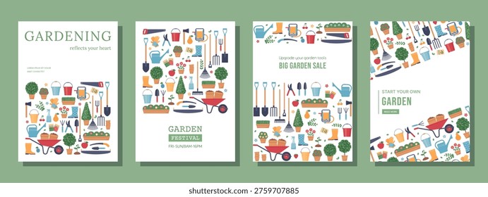Garden posters. Banner templates with garden tools. Backgrounds with gardening instruments and copy space. Set of card layouts. Collection horticulture flyers. Vector illustration. Flat design. 