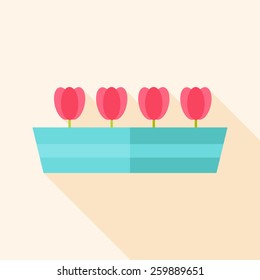 Garden pot with tulips. Flat stylized illustration with shadow
