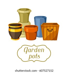 Garden pots. Background with various color flowerpots.