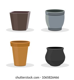 Garden pots and containers isolated on white. Gardening equipment. Round and square pots and containers. Terracotta flower pot icons or illustrations.