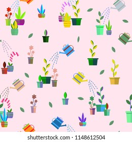 Garden pots with plants seamless pattern