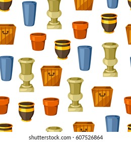 Garden pots. Seamless pattern with various color flowerpots.