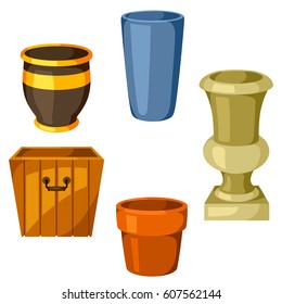 Garden pots. Set of various color flowerpots.