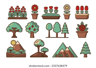 Garden Potted Flowers, Trees And Nature Landscapes. Sticker Icon Set Illustration