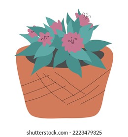 Garden potted plant isolated on white. Pink flower in minimalistic cartoon flat style. Vector illustration.