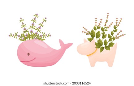 Garden potted plants in pots of different shapes set. Ceramic flower pots in shape of whale and dog vector illustration