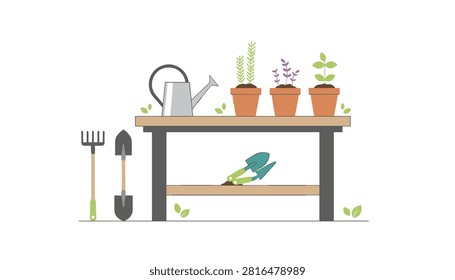 Garden potting bench setup with various planting tools, flower pots, and a watering can arranged neatly on a wooden work table for gardening.