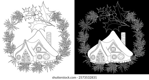 garden, print, cartoon, village, vector, drawing, building, house, hand drawn, design, tree, landscape, adult, page, illustration, nature, coloring, fairy tale, antistress, cute, line, cosy, facades, 