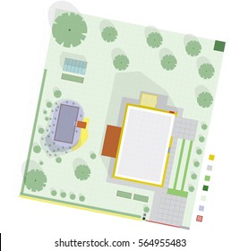 Garden project at family home in plan. Project of garden includes swimming pond, fruit trees, shrubs, driveway, greenhouse. Planning garden for relaxing and productive part. Flat vector illustration