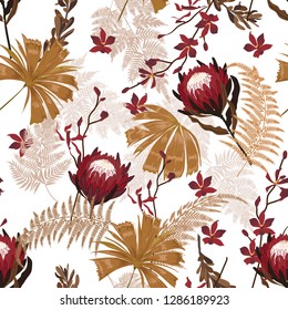 Garden Protea Floral pattern in the many kind of flowers.Beautiful Tropical botanical  Seamless vector texture. Printing with in hand drawn style on white background