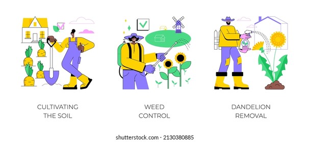 Garden protection abstract concept vector illustration set. Cultivating the soil, weed and pest control, dandelion removal, herbicide and pesticide, grass seed, weed-free lawn abstract metaphor.