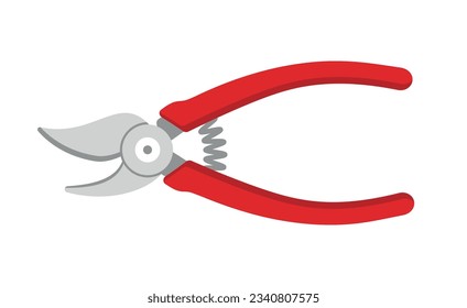 Garden pruner with red handle isolated on white. Florist tool for cutting branches and leaves. Gardening instrument item. Agriculture implement. Classical pruning shear. Vector illustration