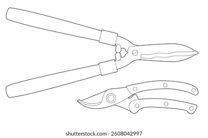 Garden pruner. Vector illustration isolated on white. Black line. Coloring page.