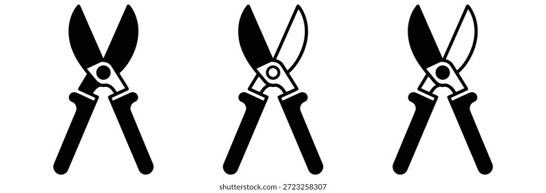 tijeras de podar de jardín en blanco y negro, tijeras de podar herramienta de jardinería Ilustración de diseño de silueta, icono de tijeras de podar. Vector de icono de línea delgada