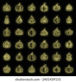 Garden pumpkin icons set. Outline set of garden pumpkin vector icons neon color on black