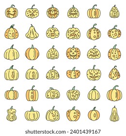 Garden pumpkin icons set. Outline set of garden pumpkin vector icons thin line color flat on white