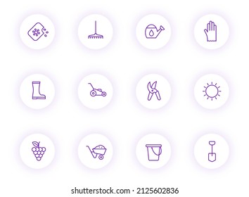 garden purple color outline vector icons on light round buttons with purple shadow. garden icon set for web, mobile apps, ui design and print