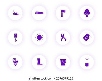garden purple color vector icons on light round buttons with purple shadow. garden icon set for web, mobile apps, ui design and print