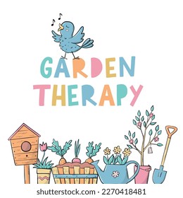 Garden quote decorated with doodles for posters, prints, cards. Garden therapy lettering quote, mental health, hobby theme. EPS 10