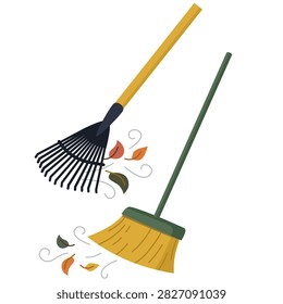 Garden rake and broom vector illustration set. Lawn rake and sweeping broom with flying autumn leaves, yard cleanup equipment isolated on light background