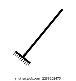 Garden rake for cleaning. Gardening and farming tool with long handle with steel rake for loosening vector garbage