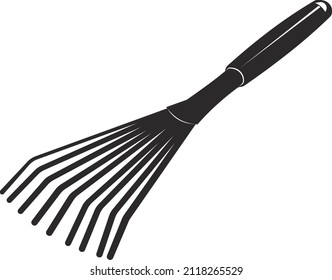 Garden rake for collecting weeds and loosening the soil. Agricultural tools. Black flat symbol. Isolated image on a white background.