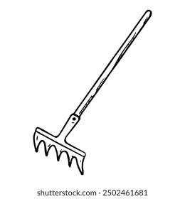 Garden rake hand drawn in doodle style. Hobby gardening. Working tool for construction and cleaning with long handle. Vector line art illustration.