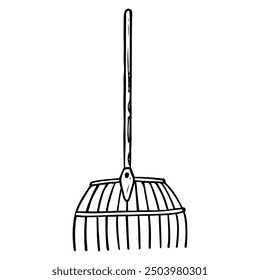 Garden rake hand drawn in doodle style. Hobby gardening. A working tool for removing grass from the lawn. Vector line art illustration.