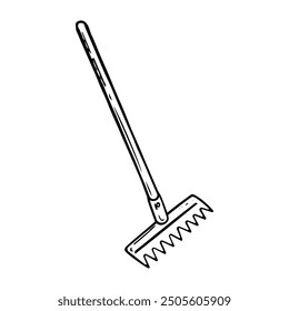 Garden rake hand drawn in doodle style. Hobby gardening. Working tool for construction and cleaning with a long handle. Vector line art illustration.