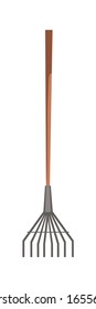 Garden rake for harvesting leaves, garden and yard work. Horticulture instrument isolated on white. Gardening clean tool. Farmer working instrument. Metal broom equipment. Vector illustration
