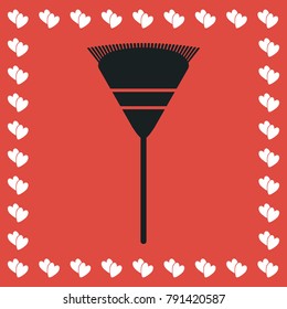 Garden rake icon flat. Simple black pictogram on red background with white hearts for valentines day. Vector illustration symbol