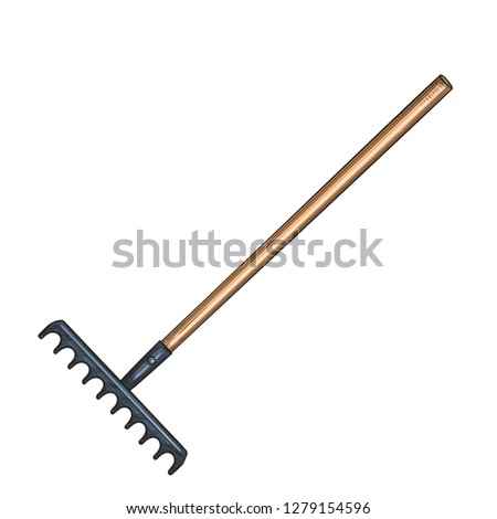 Garden rake icon, sketch style. Illustration of Garden tools.