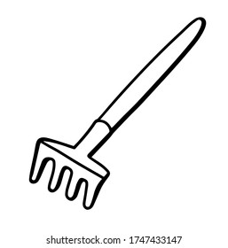 El rastrillo del jardín aislado en un fondo blanco. Rake por el jardín. Herramientas para trabajos de tierra y trasplantes de plantas. Ilustración vectorial en estilo Doodle