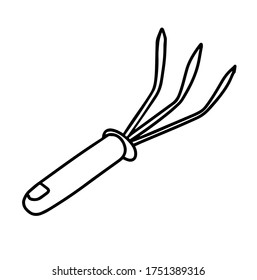 El rastrillo del jardín aislado en un fondo blanco. Rake por el jardín. Herramientas para trabajos de tierra y trasplantes de plantas. Estilo Doodle
