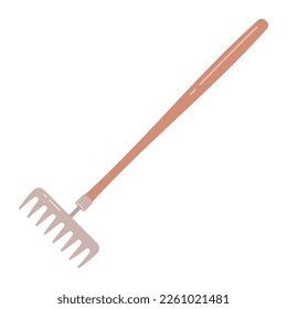 Garden rake isolated on white background. Garden equipment, tool. Seasonal garden work. Spring vector llustration.