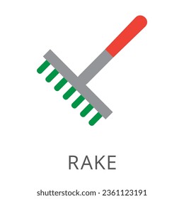 Garden rake for leaves or soil flat vector icon. Cartoon drawing or illustration of garden or farm symbol on white background. Gardening, agriculture or farming concept