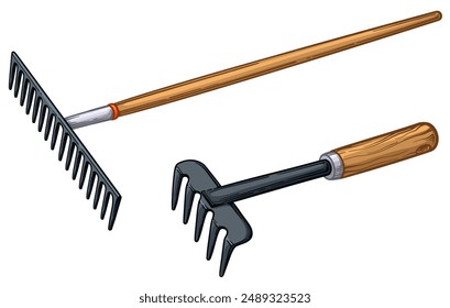 Garden rake, metal rake with wooden hand. Vector illustration of a rake isolated on a white background.