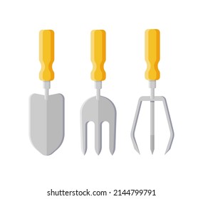 Garden rake spade fork shovel for soil cultivation collection isometric icon vector illustration. Set trowel farming pitchfork spatula with handles for outdoor agricultural work. Horticulture agronomy