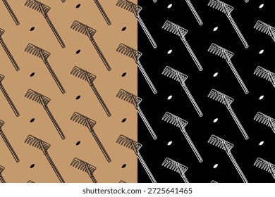 Garden rake tool with star hand drawn seamless pattern background for merchandise. Leaf rake tool motif wallpaper. Farming lawn pitchfork repeating surface for agrarian. Vector Illustration