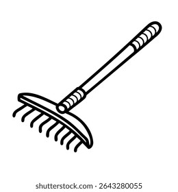 A garden rake with a wooden handle and metal prongs. The tool is designed for leveling soil and gathering leaves in outdoor spaces.